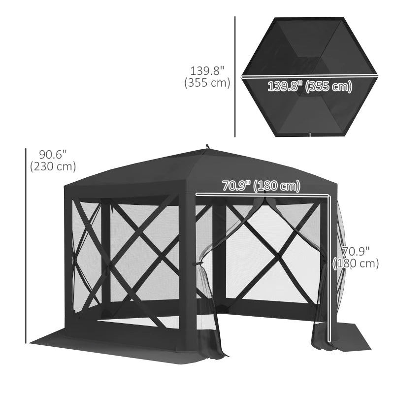 12' x 12' Hexagon Automatic Pop Up Screen Tents, Camping Shelter w/ Mesh Sidewalls and Carry Bag Black
