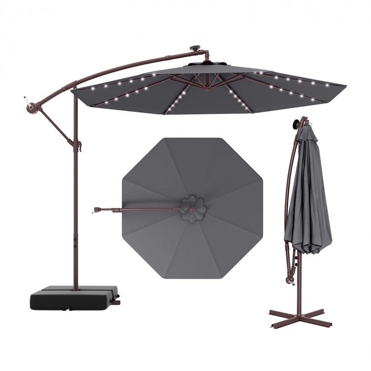 10 Ft Patio Umbrella Offset Cantilever Umbrella with 40 Solar Powered Lights-Gray