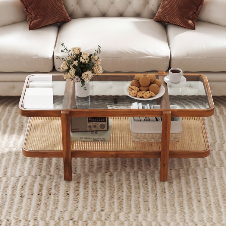 2-Tier Coffee Table with Storage and Tempered Glass Tabletop-Coffee
