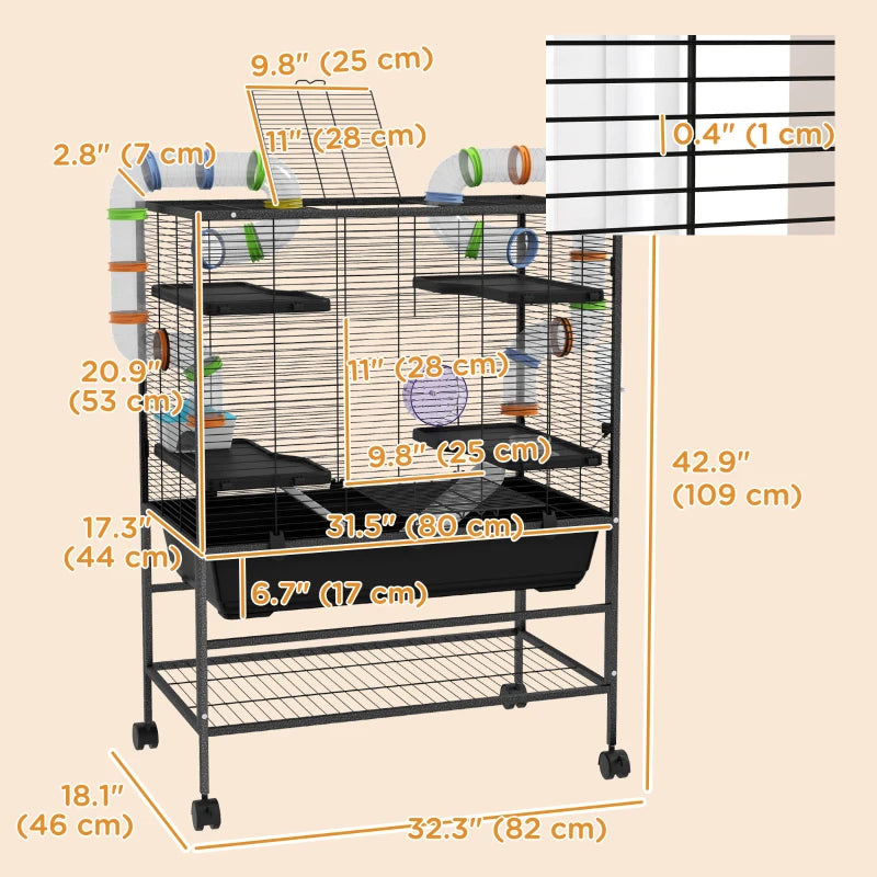 43" Rolling Hamster Cage with Tunnel Tube System, Storage Shelf, Exercise Wheel, Food Dish, Water Bottle, Ramp