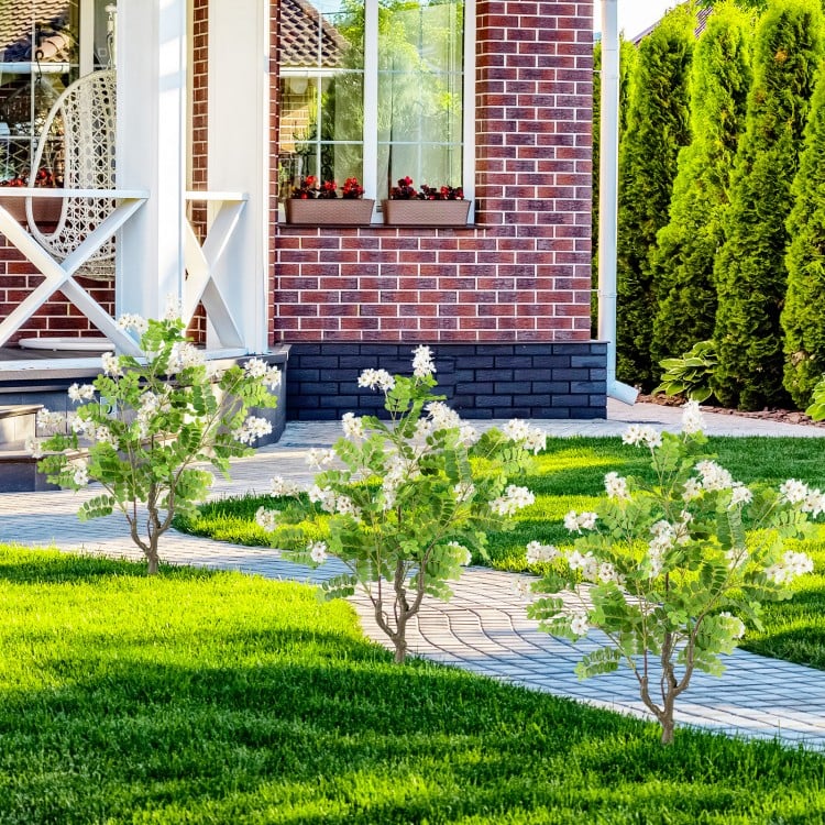 2 Pack Artificial Locust Flower Trees 39 Inch Fake Evergreen Shrubs with Ground Spikes-White