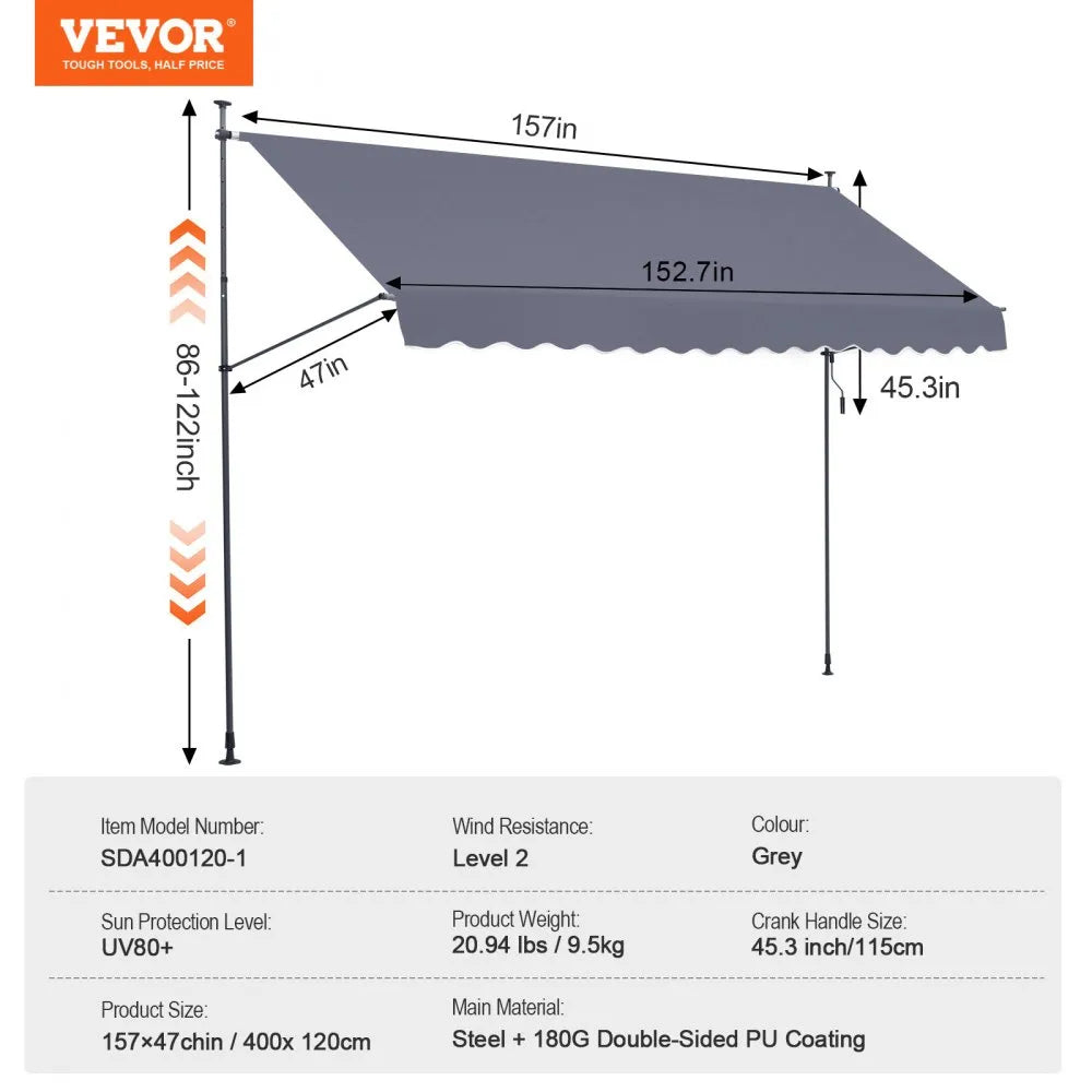 VEVOR 157x47" Patio Awning Retractable Awning Sunshade Shelter with Crank Handle