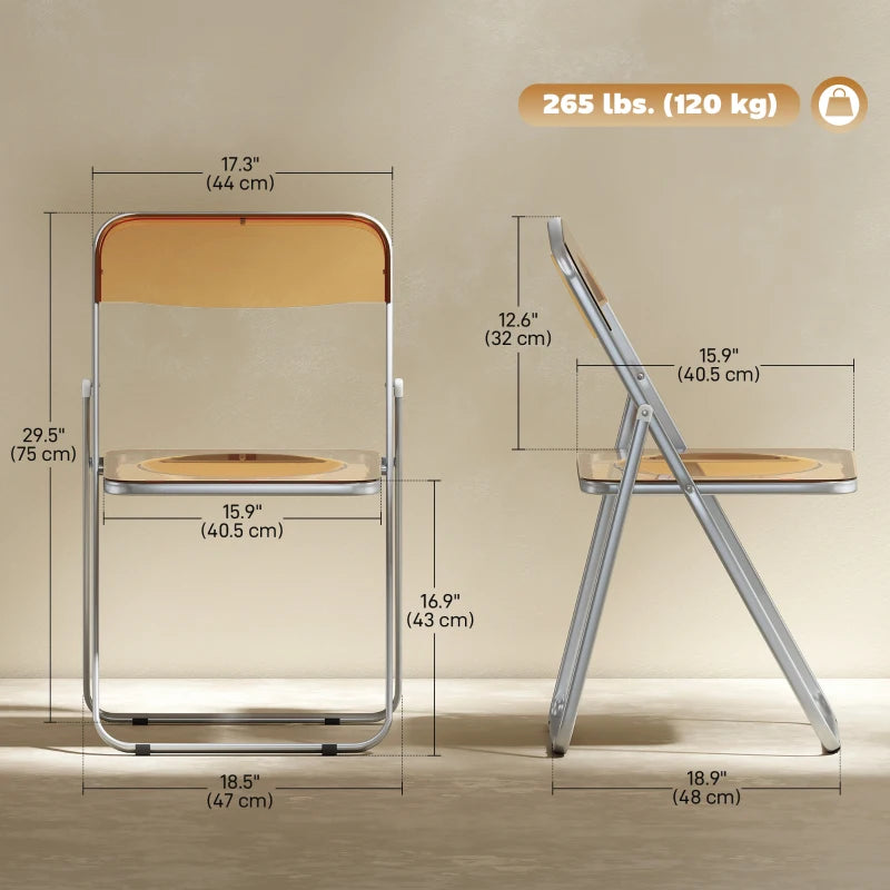 4 Pack Acrylic Foldable Chairs, Transparent Folding Chairs for Living Room, Home Office, Party, Orange