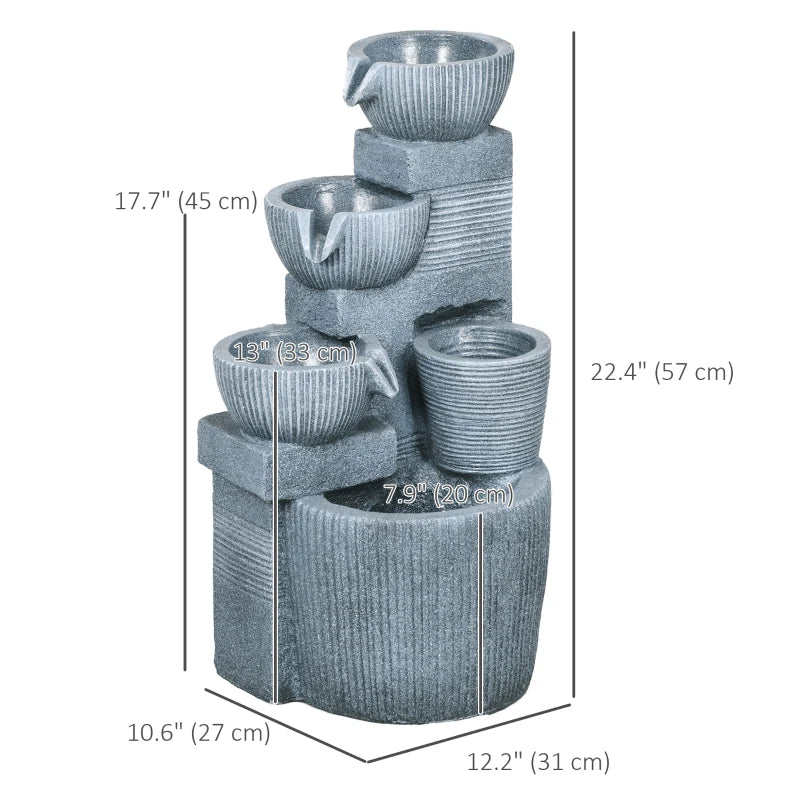 Solar Powered Outdoor Water Fountain, 4-Tier Floor Standing Resin Cascading Bowls Waterfall Fountain with LED Lights