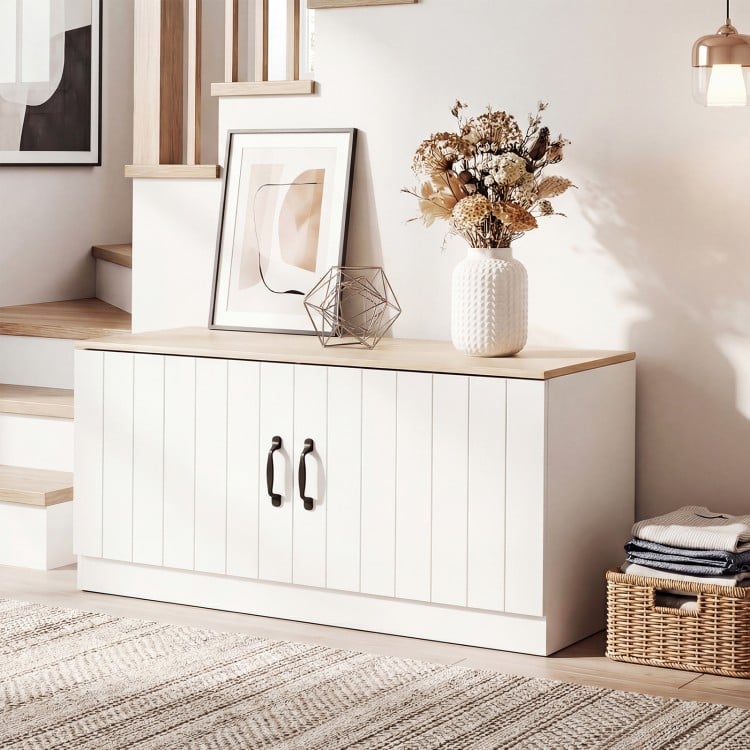 2-Door Shoe Bench Shoe Storage Cabinet with Adjustable Shelves-Natural