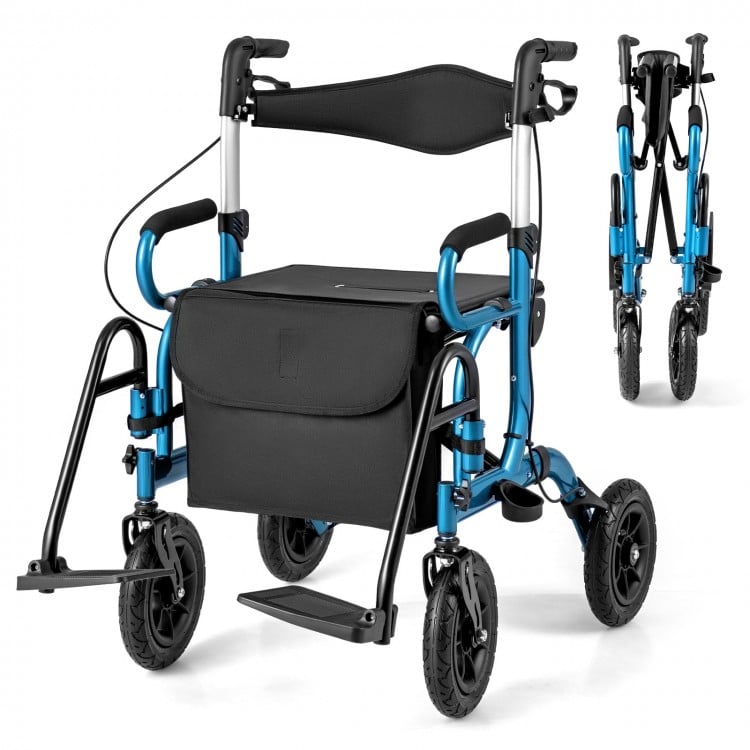 2-in-1 Foldable Rollator Walker with Seat abd 9 Inch Pneumatic Tires for Seniors-Navy