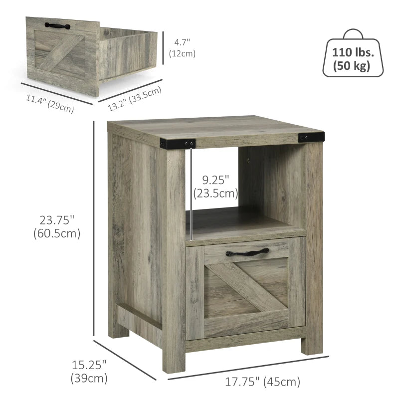 Small Side Table with Storage, Farmhouse End Table with Drawer, Open Shelf and Barn-style Panel, Nightstand for Living Room, Bedroom, Grey