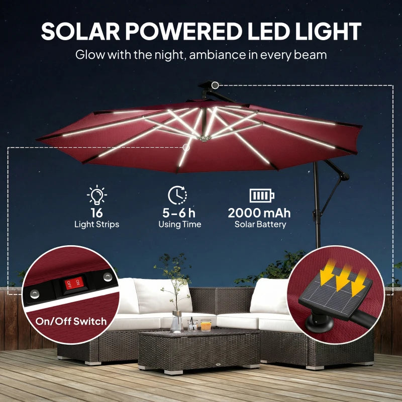 10 ft Offset Patio Umbrella with Solar Light, Garden Hanging Parasol with 360° Rotation, Tilt, Cover, Wine Red