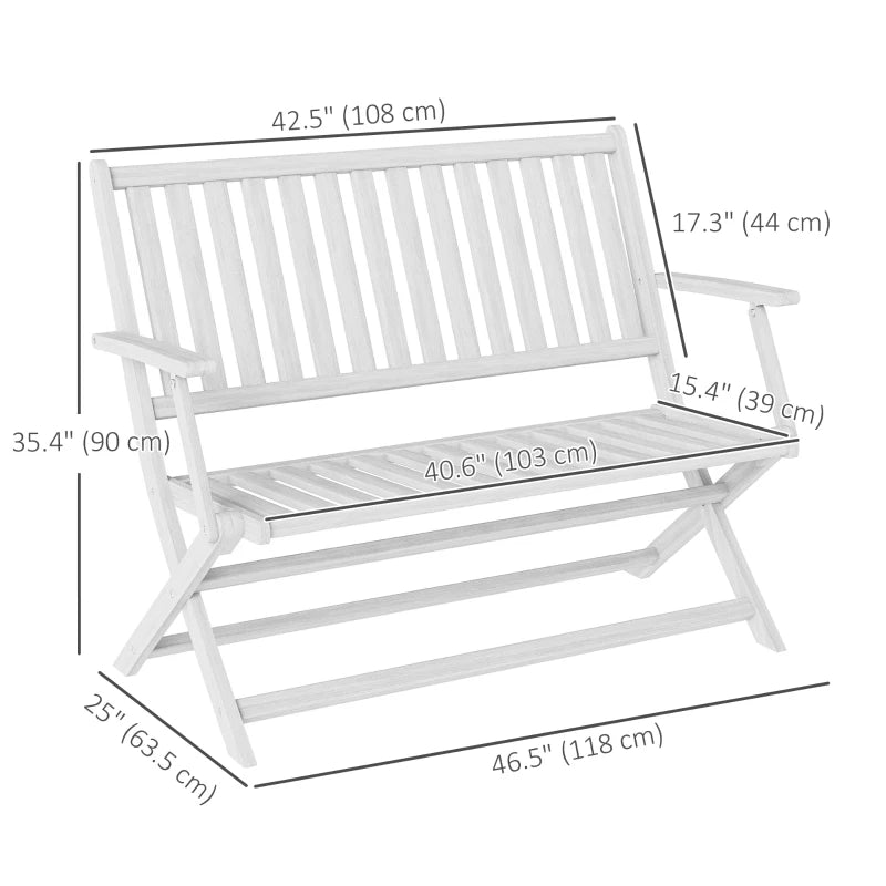 46.5" Foldable Wood Outdoor Bench with Backrest and Armrests for Outdoors, Patio, Porch, Park, White