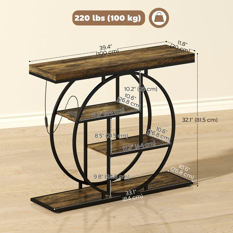 4-Tier Entryway Table with Charging Station LED Lights 39" Console Table with Circle Base for Living Room, Rustic Brown