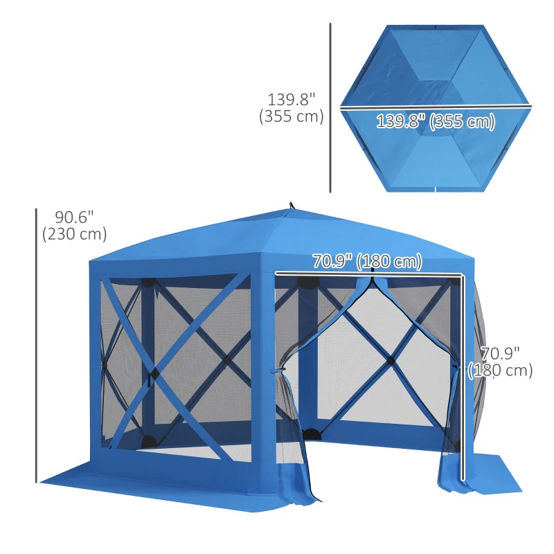 12' x 12' Hexagon Automatic Pop Up Screen Tents, Camping Shelter w/ Mesh Sidewalls and Carry Bag Blue