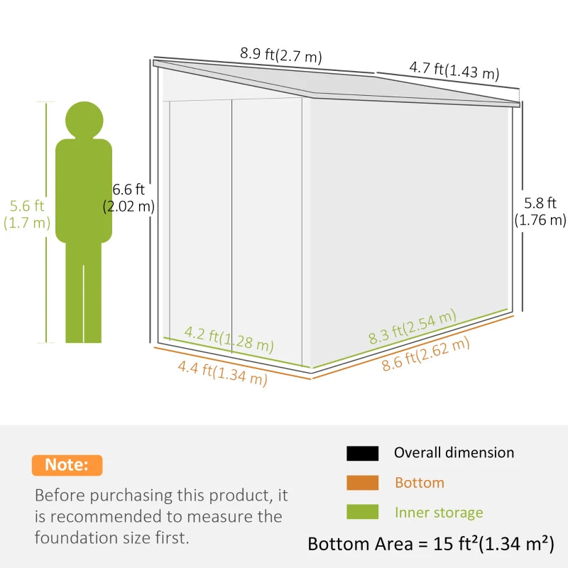 4.6' x 9' Steel Outdoor Storage Shed, Lean to Shed, Metal Tool House with Foundation Kit, Lockable Doors, Gloves and 2 Air Vents for Backyard, Patio, Lawn, Dark Grey