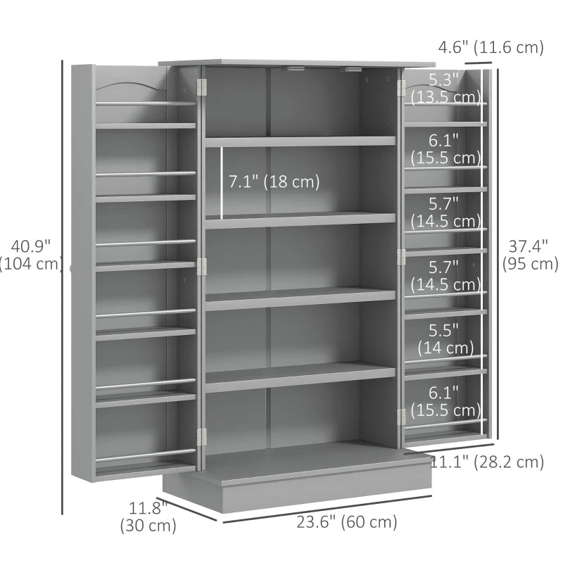41" Storage Cabinet, 2-Door Kitchen Pantry Cabinet with 5-tier Shelving, 12 Spice Racks and Adjustable Shelves, Grey