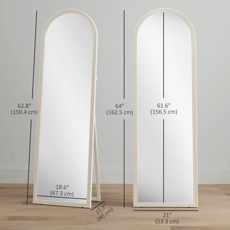 64" x 21" Full Length Mirror, Free Standing, Leaning or Wall, Arched Full Body Mirror with Faux Stone Frame, White