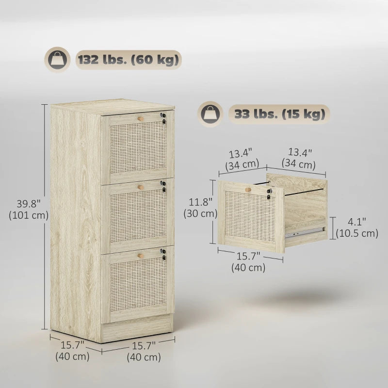 3 Drawer Filing Cabinet with Lock, Boho File Cabinet for A4 Letter Size Files with Decorative Rattan Accents, Oak