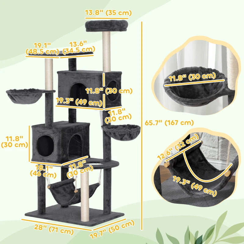 66 Inch Large Cat Tree with 2 Door Condos, 3 Big Hammocks, Plush Top Perch, Sisal Scratching Posts, Dark Grey