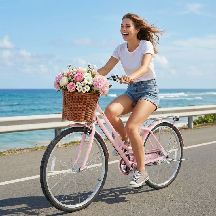26 Inch Beach Cruiser Bike for Women with Woven Basket and Rear Rack - Pink