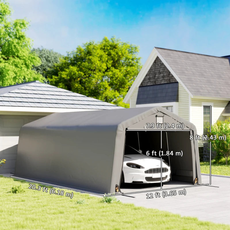 12' x 20' Portable Garage, Heavy Duty Carport Canopy with Ventilation Windows and Large Roll-up Door, Light Grey