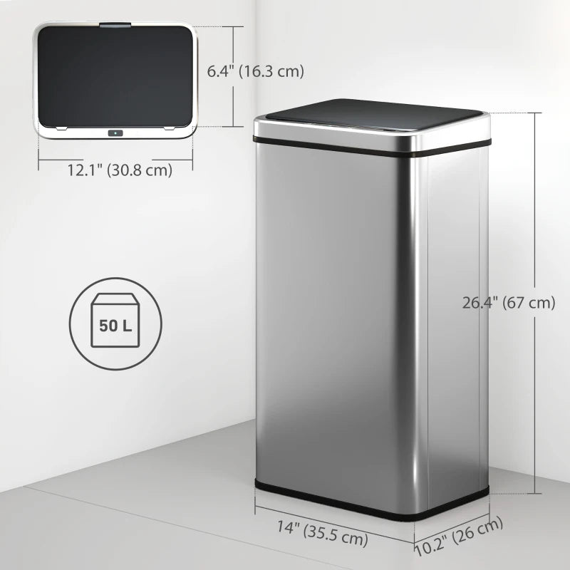 13.2 Gallon Automatic Garbage Can with Soft-Close Lid, Touchless Trash Can with Fingerprint Resistant Stainless Steel