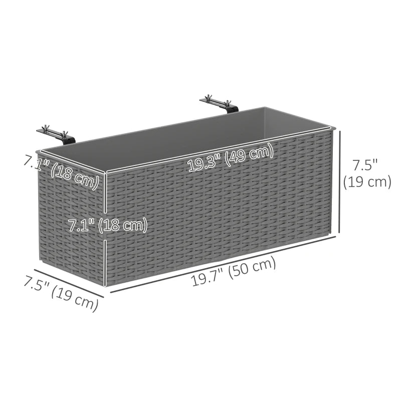2 Pack 20 Inch Hanging Flower Pots, Railing Planter Box for Fence, Garden, Rattan Look, Grey