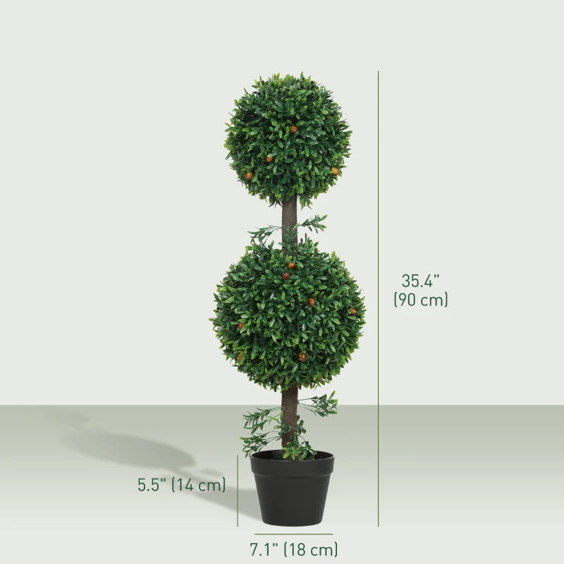 3FT Artificial Boxwood Topiary Tree Set of 2, Faux Two Ball Topiary Tree in Pot for Indoor Outdoor Decor, Green
