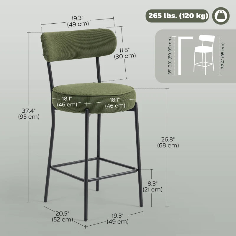 Set of 2 Barstools, Upholstered Corduroy Bar Stools with Backrest, Footrest for Kitchen Island, Dining Room, Green
