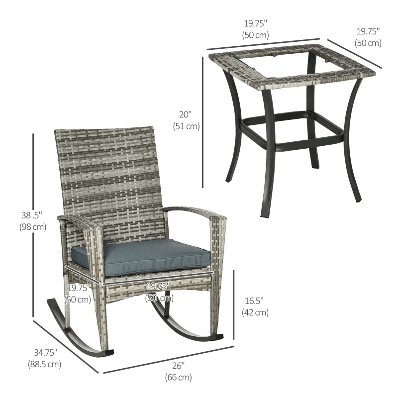 3 Pieces Patio Wicker Rocking Chair Set,  Outdoor PE Rattan Bistro Set Conversation Rocker Set with 2 Chairs 1 Coffee Table for Backyard, Deck, Poolside, Grey