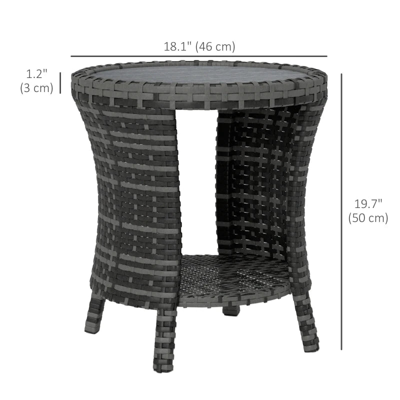 18" Wicker Outdoor Coffee Table, PE Rattan Patio Side Table with 2-Tier Storage, Composite Wood Top, Grey