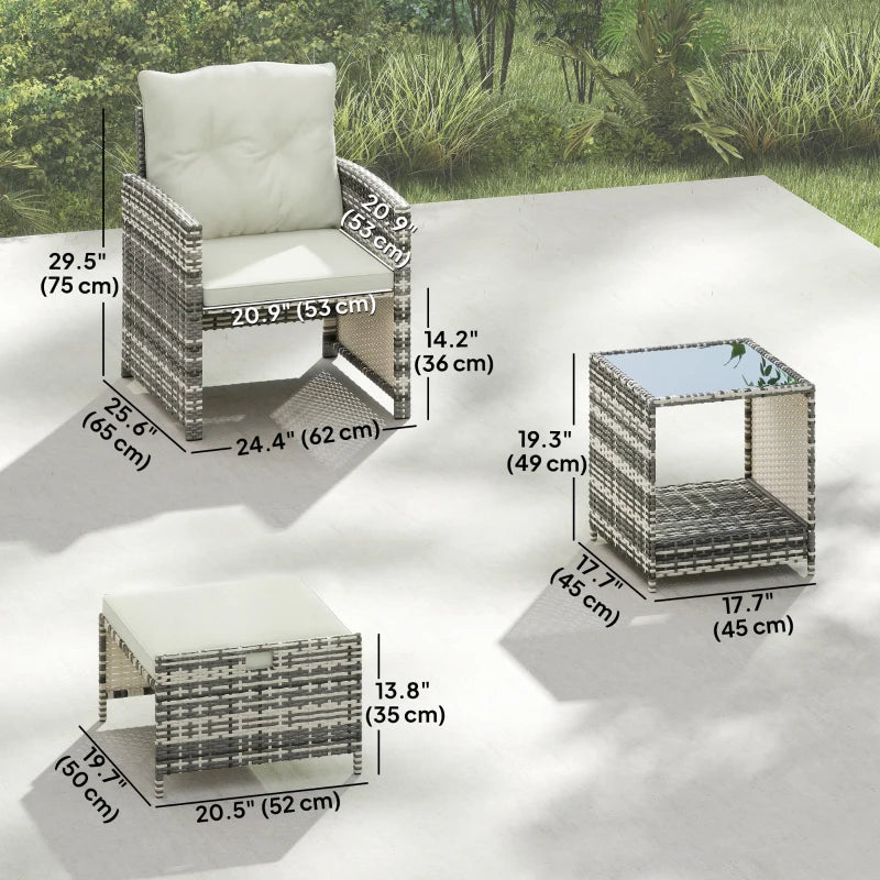 5 Piece Patio Furniture Set, Wicker Patio Chairs with Ottomans, 2-Tier Glass Coffee Table and Cushions, Grey/Cream White
