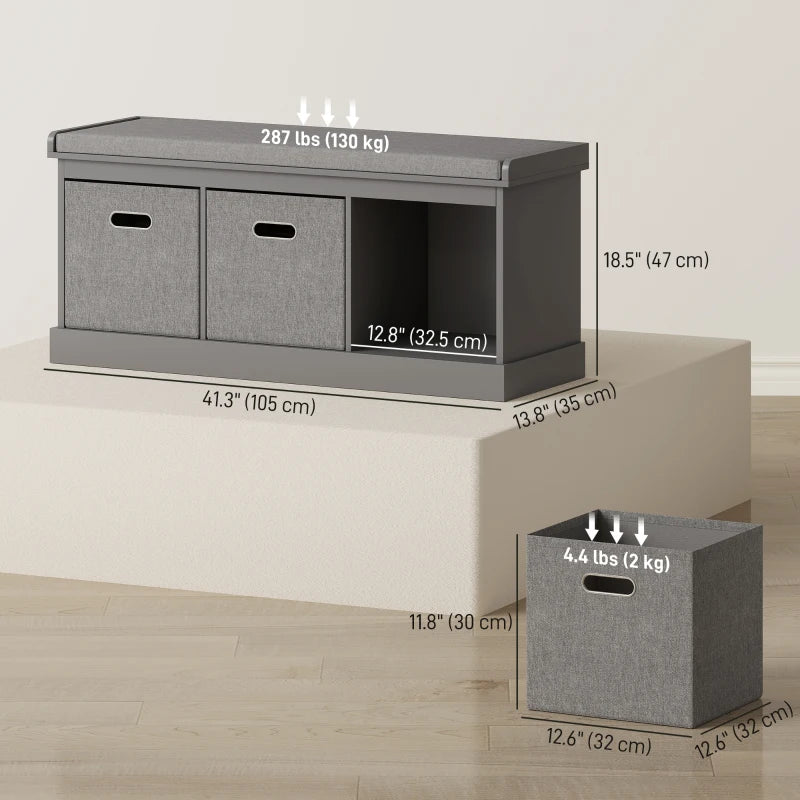 Shoe Storage Bench with Seat, Entryway Bench Seat with Cushion, 3 Fabric Drawers for Hallway, Dark Grey