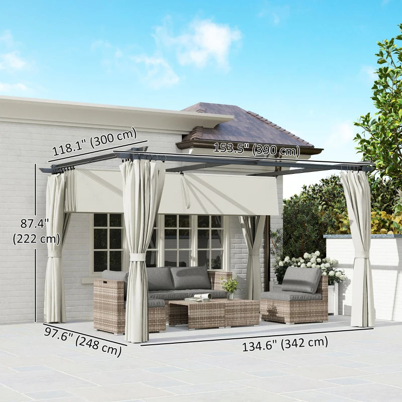 10' x 13' Pergola with Retractable Canopy and Curtains, UPF30+ Sun Shade Shelter for Grill, Garden, Backyard, Deck