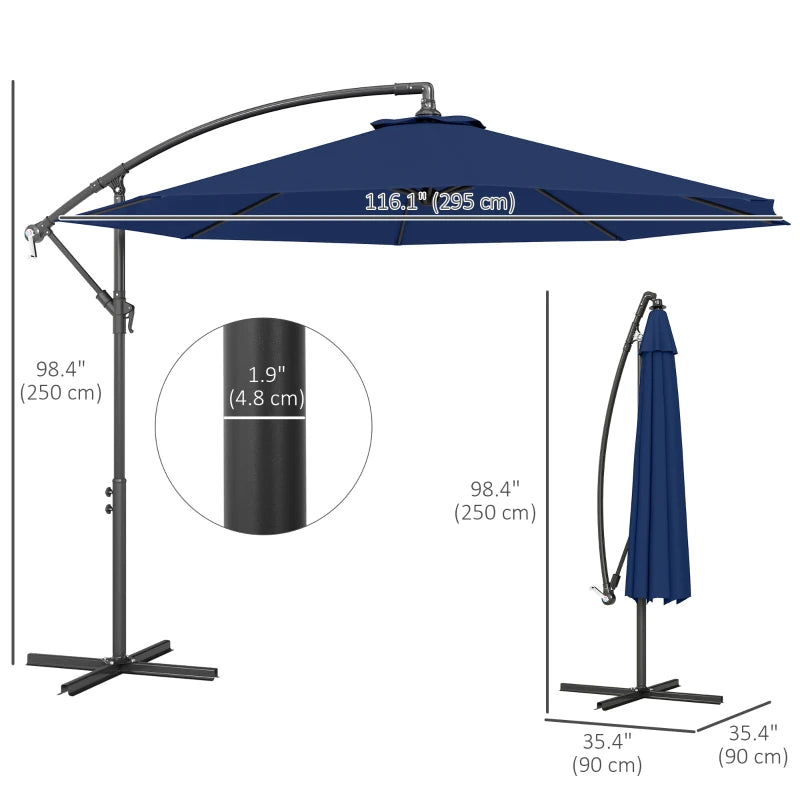 10' Deluxe Patio Umbrella, Outdoor Market Parasol, Banana Hanging Offset Sunshade with Crank, Cross Base, Navy Blue