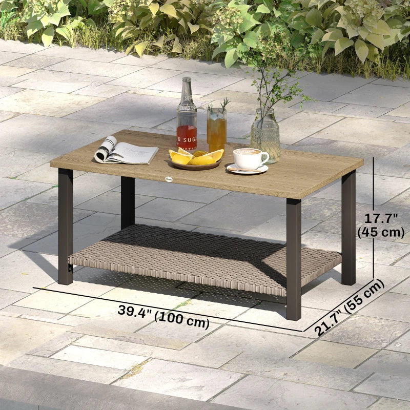 2-Tier Rectangle Outdoor Coffee Table, Patio Table with Wood-Effect Metal Top, Wicker Shelf for Garden, Backyard, Brown