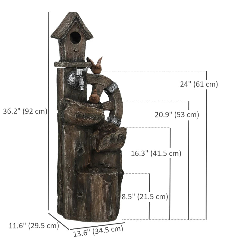 2-in-1 Outdoor Water Fountain with Birdhouse, Outdoor Waterfall, 13.6" L x 11.6" W x 36.2" H Mixed Colour