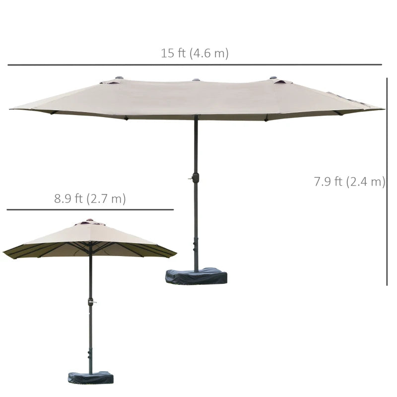 15' Outdoor Patio Umbrella with Twin Canopy Sunshade Steel Table Umbrella w/ Lift Crank, Cross base, Sandbag, Light Grey