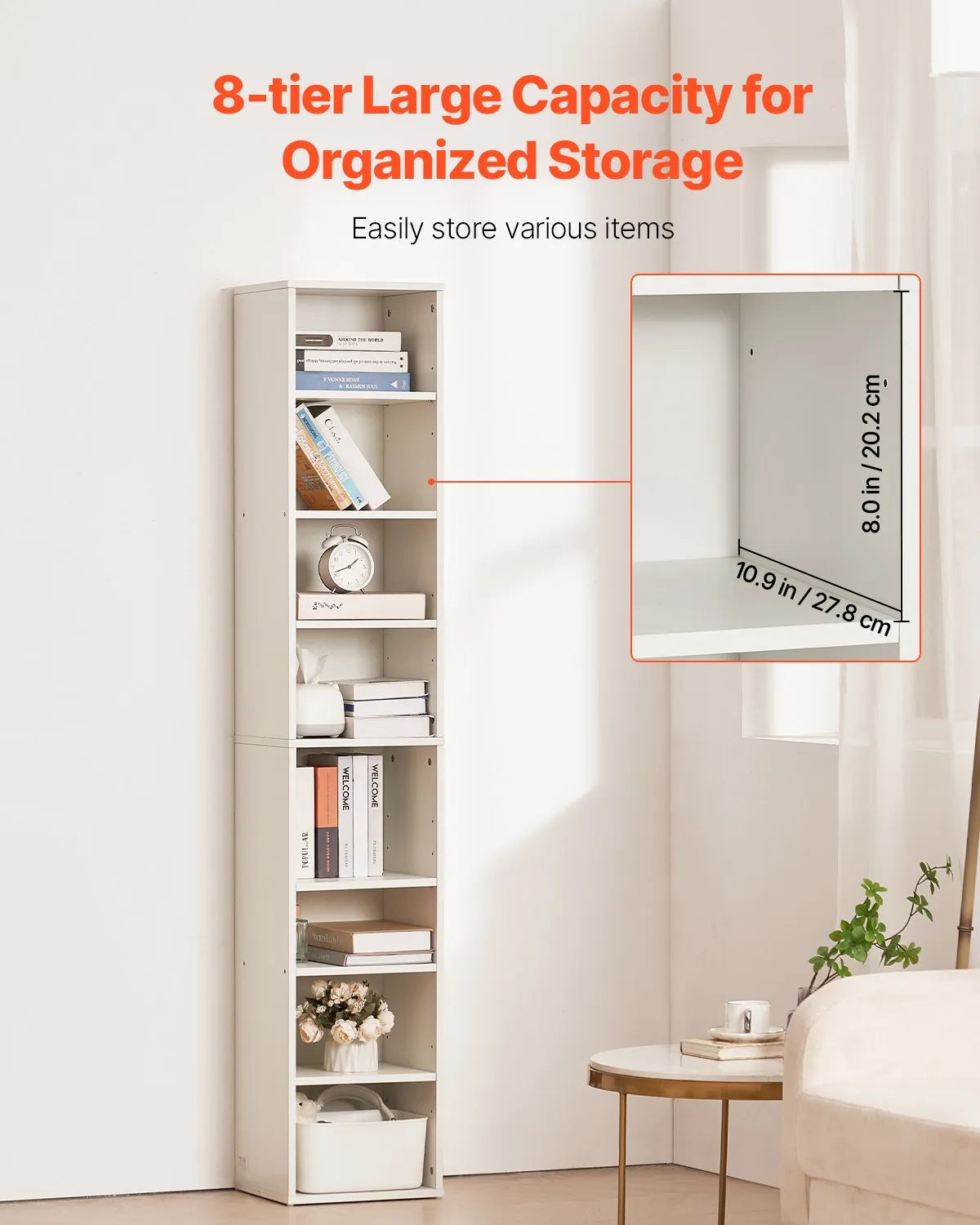 VEVOR 8 Tiers Narrow Bookshelf 71" Wooden Open Bookcase Adjustable Shelf White