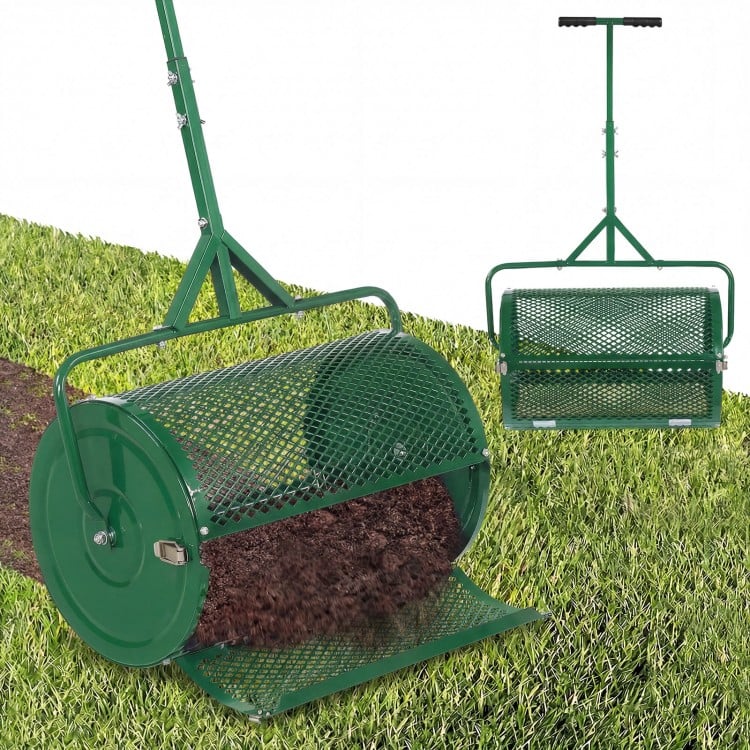 24 Inch Compost Spreader Peat Moss Spreader Roller with Height-Adjustable T-Shaped Handle-Green