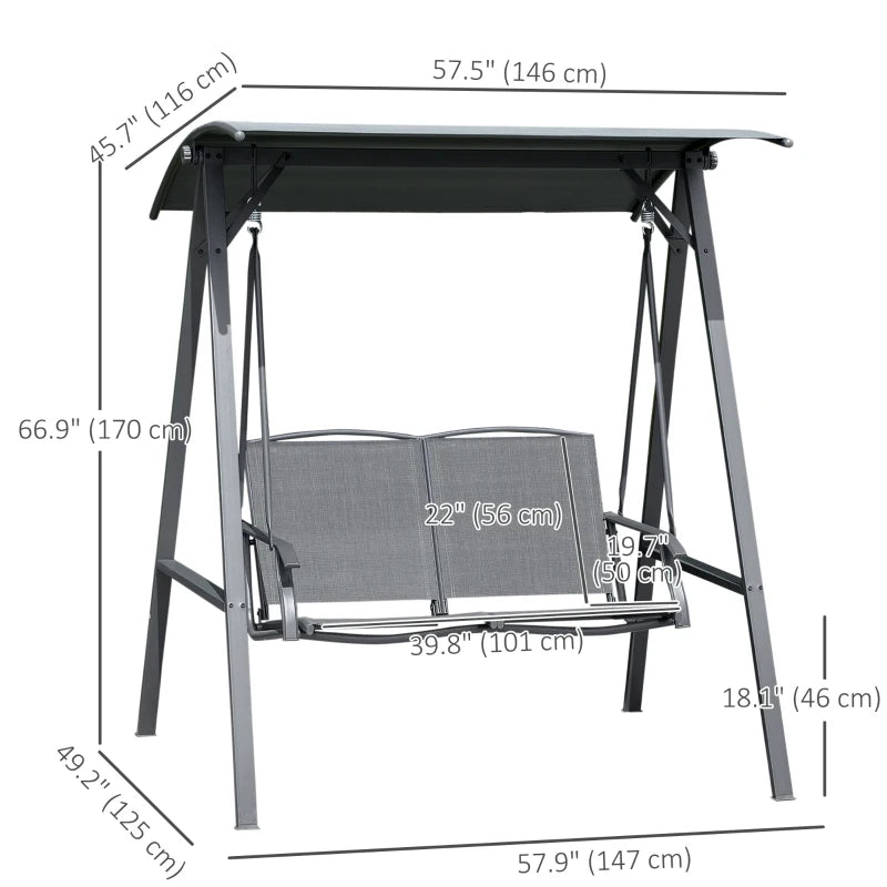 2-Seat Outdoor Porch Swing Patio Swing with Adjustable Canopy, Removable Seat and and Steel Frame for Garden, Poolside