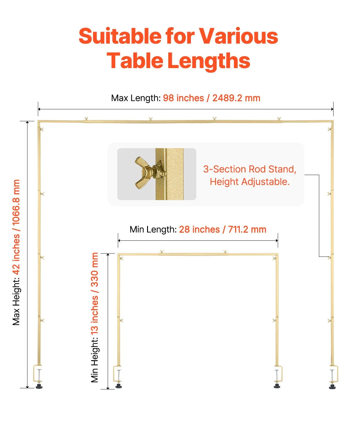 VEVOR Over The Table Rod Stand with Clamps 28"-98" L Adjustable Table Arch Stand