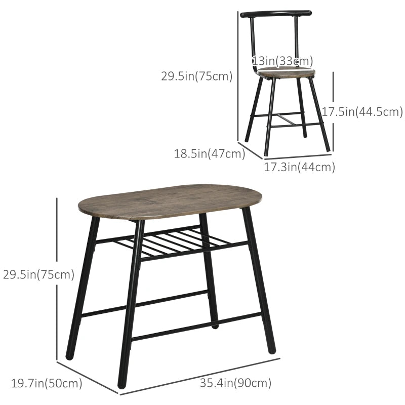 3-Piece Dining Table Set, Oval Kitchen Table and 2 Chairs, Small Breakfast Table Set with Metal Frame for Small Space, Dining Room, Living Room, 35.4" x 19.7" x 29.5"