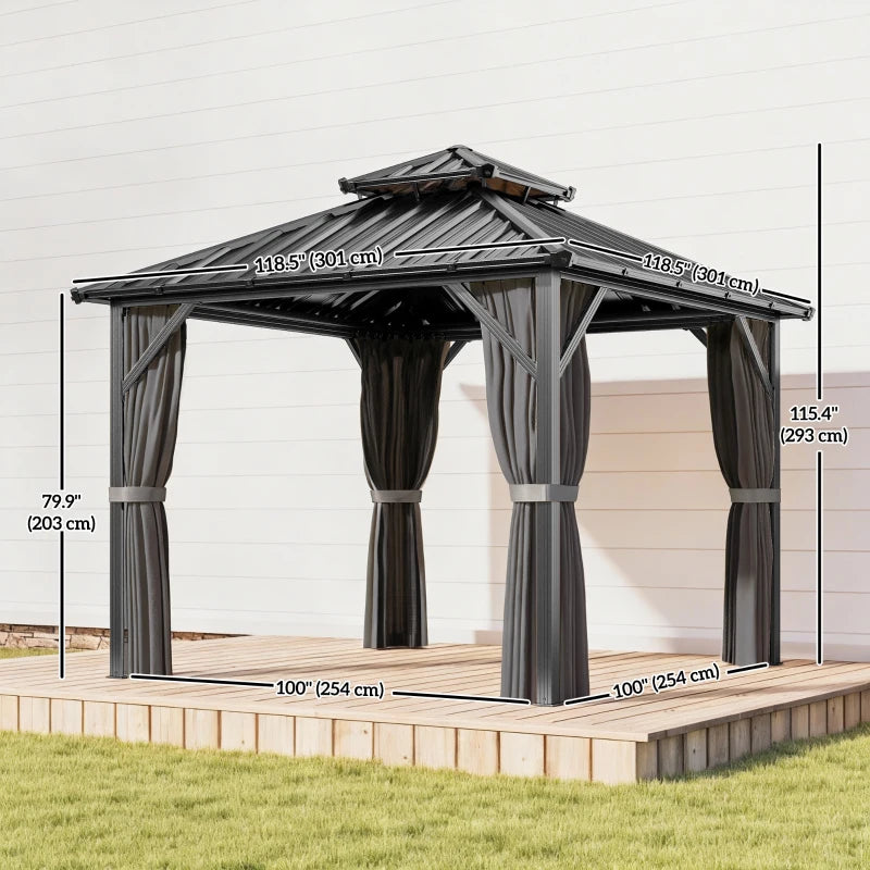 10' x 10' Hardtop Gazebo Canopy with Double Galvanized Steel Roof, Aluminium Frame Permanent Outdoor Gazebo, Dark Grey