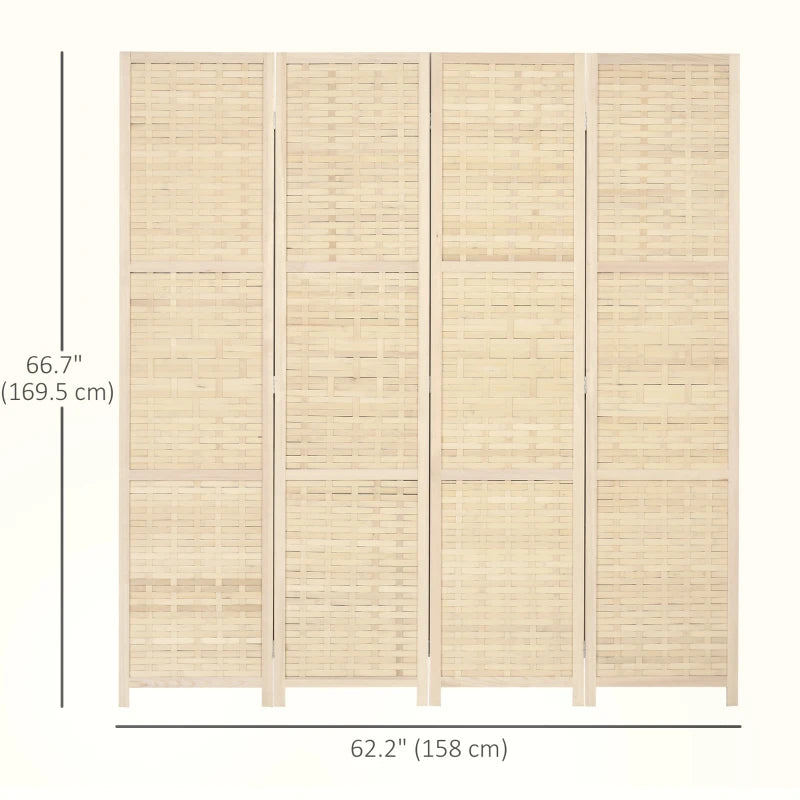 4-Panel Room Divider, 5.6 FT Bamboo Freestanding Folding Privacy Screen for Indoor Bedroom Office, Natural Wood