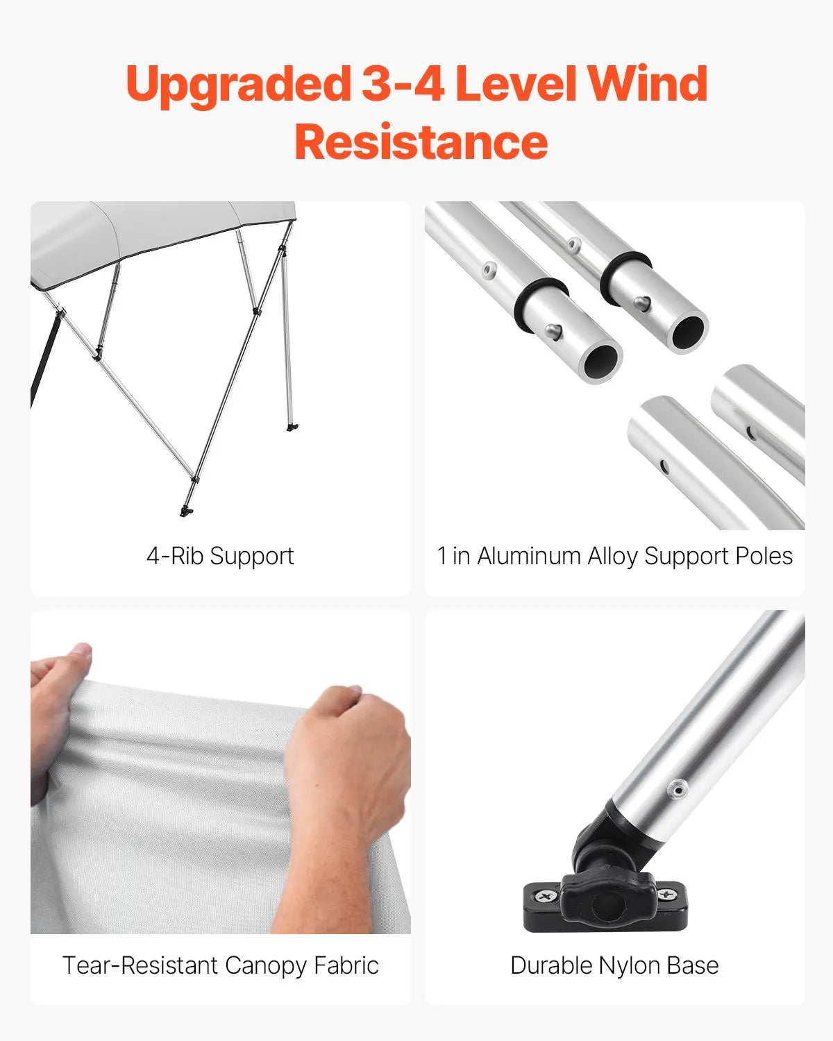 VEVOR 4 Bow Boat Bimini Tops 8'Lx(91"-96")W x 54"H Awning Canopy Light Grey