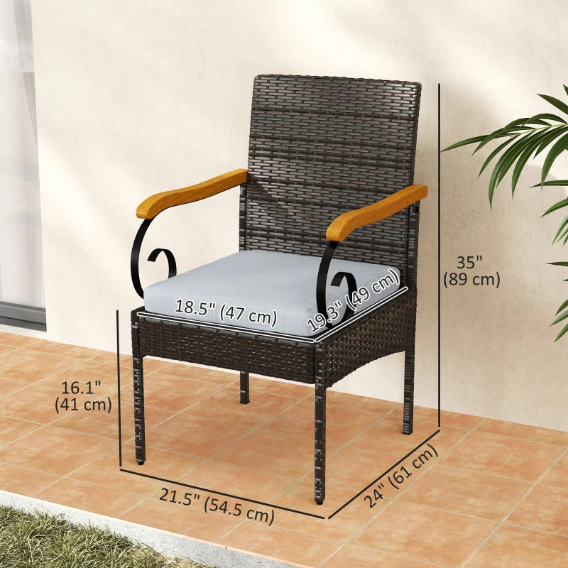 Set of 2 Rattan Outdoor Dining Chairs, Wicker Patio Chairs with Removable Cushion, Acacia Wood Armrests, Light Grey