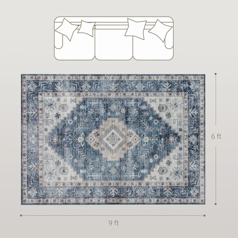 6x9 Area Rug, Vintage Machine Washable Rug, Non-Slip Floor Carpet for Living Room, Bedroom, Dining Room, Blue