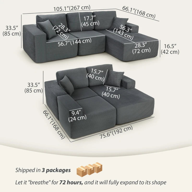 2-in-1 Modular Sectional Sofa, Boneless L Shaped Couch Sofa Bed, Dark Grey