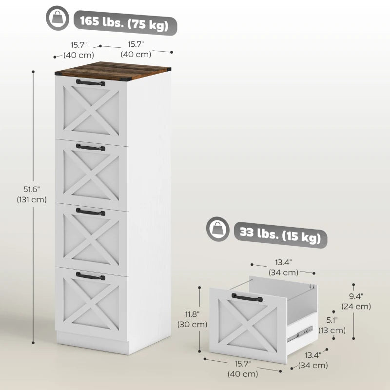 4 Drawer File Cabinet with Silent Slides, Vertical Farmhouse Filing Cabinet Fits Letter/A4 Size Home Office, White
