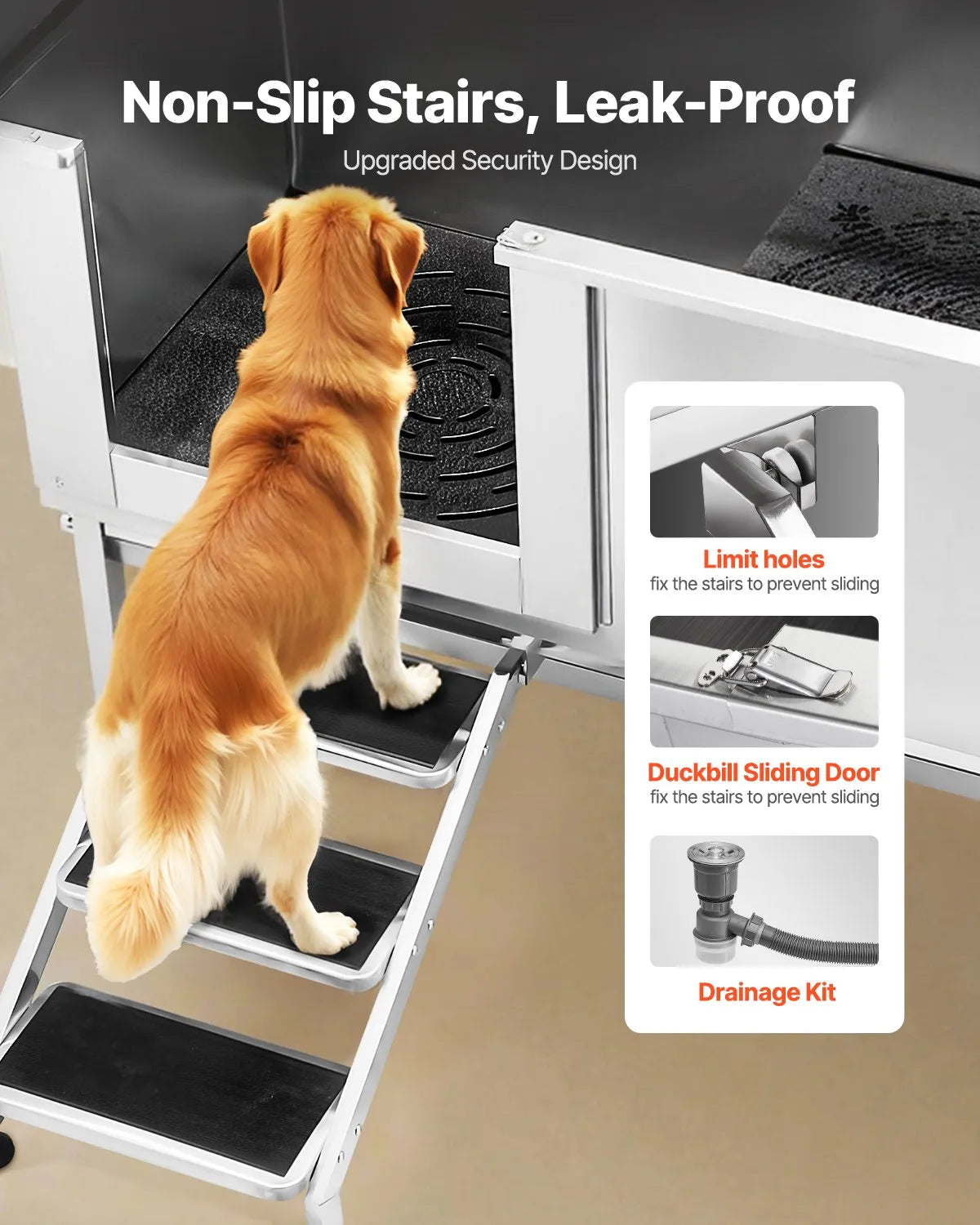 VEVOR 62 Inch Dog Grooming Bath Tub Stainless Steel w Stairs Water Filter Left