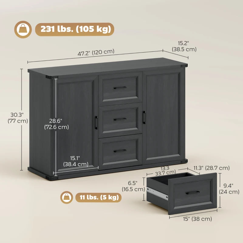 Sideboard with 3 Drawers and 2 Doors, 47" Buffet Cabinet with Adjustable Shelves for Kitchen, Black Wood Grain