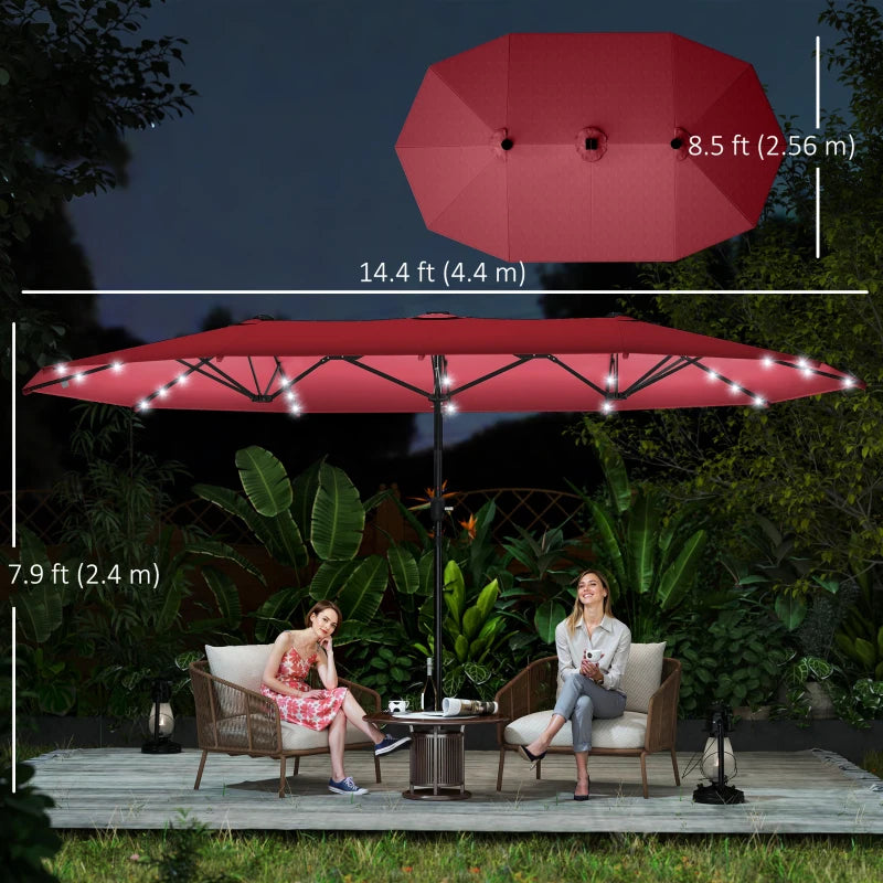 173.2" Double-Sided Sun Umbrella Garden Parasol Patio Sun Shade Outdoor with LED Solar Light, No Base Included, Wine Red